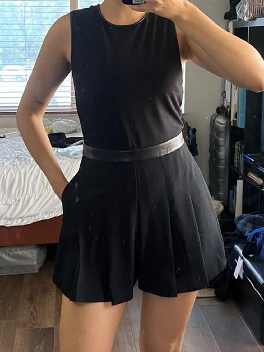 Alice + Olivia Donna Black Sleeveless Romper with leather trim